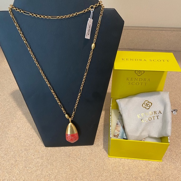 Kendra Scott Freida Vintage Gold Long Pendant Necklace Burnt Sienna Howlite NWT - Picture 1 of 6